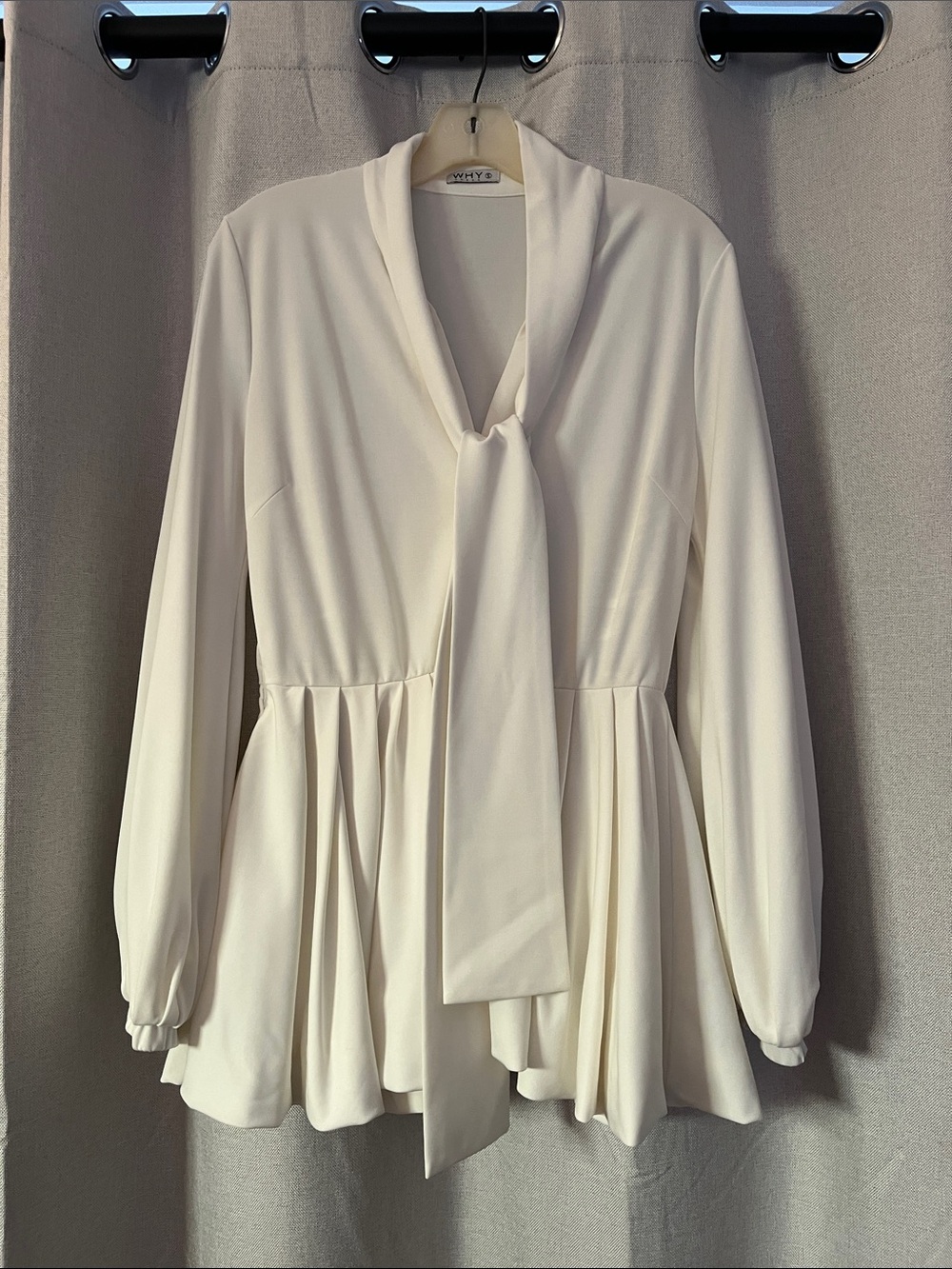 Cream Long-Sleeve Peplum Tie-Neck Blouse